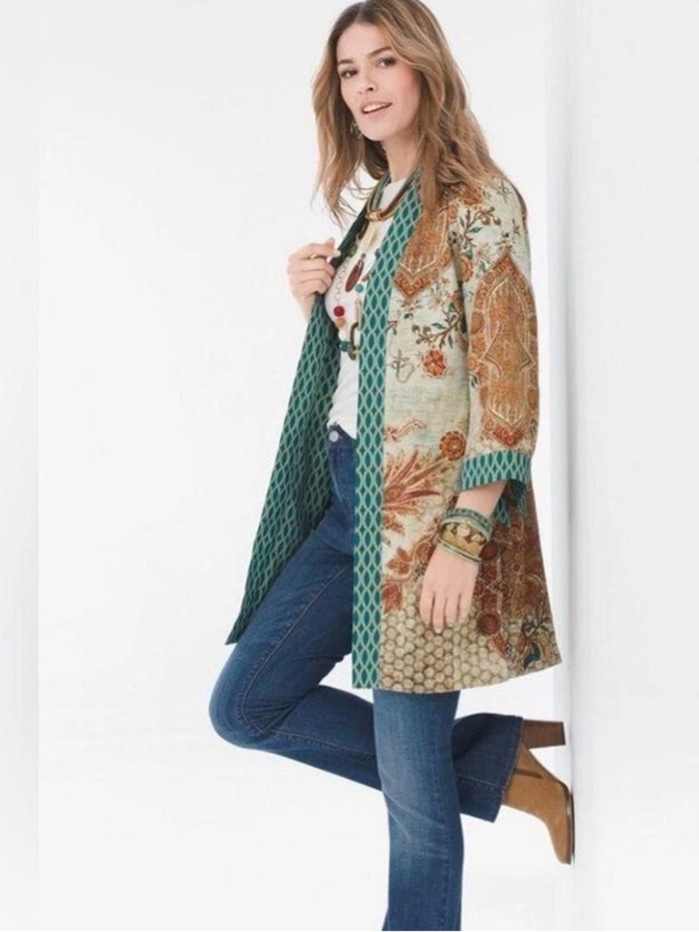 Chico's Reversible Kimono, Women’s Size 0 / Small, Open Front, Teal & Neutrals